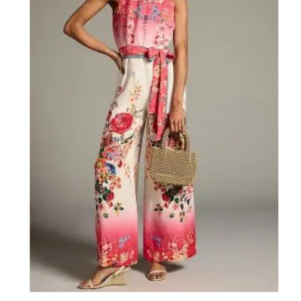 Floral Ombre Anthropologie Ranna Gill Tie-Waist Jumpsuit runs generous